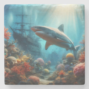 Coastal/nautical tiger shark & coral reef stone coaster