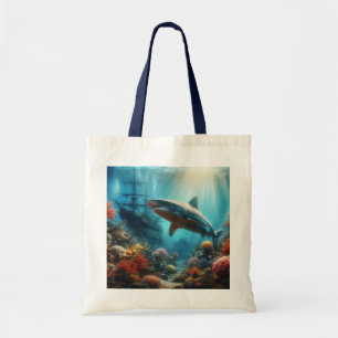 Coastal/nautical tiger shark & coral reef tote bag