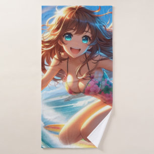 Coastal/Nautical/tropical anime surfer girl Bath Towel