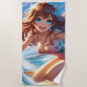 Coastal/Nautical/tropical anime surfer girl Beach Towel