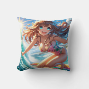 Coastal/Nautical/tropical anime surfer girl Cushion