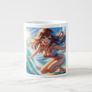 Coastal/Nautical/tropical anime surfer girl Large Coffee Mug