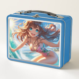 Coastal/Nautical/tropical anime surfer girl Metal Lunch Box