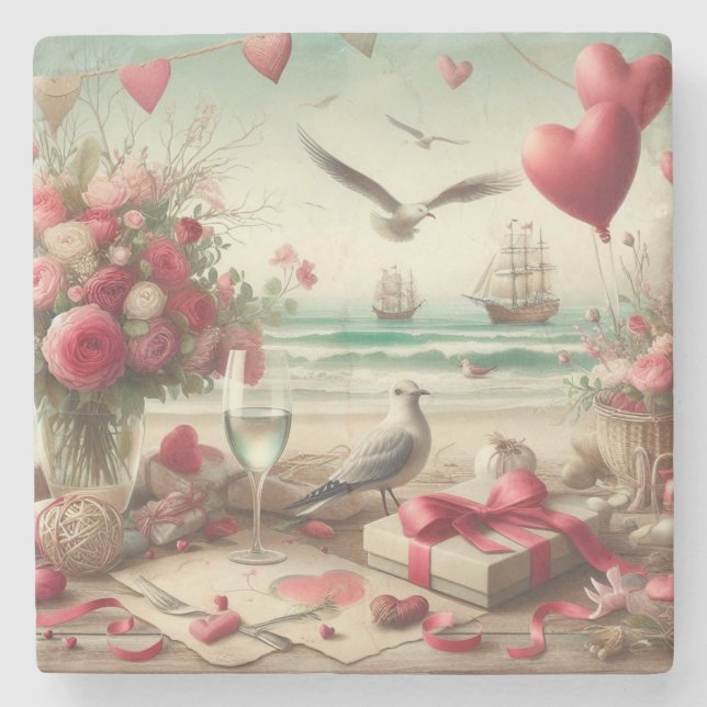 Coastal/Nautical Valentine's day  Stone Coaster (Front)