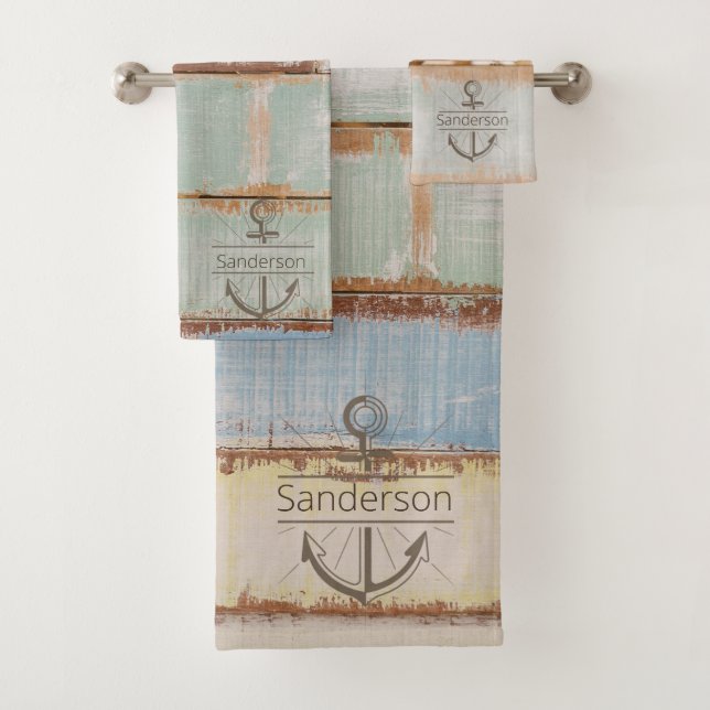 Coastal Nautical Weathered Summer Beach Wood  Bath Bath Towel Set (Insitu)