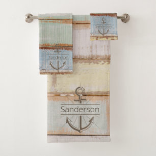 Coastal Nautical Weathered Summer Beach Wood  Bath Towel Set