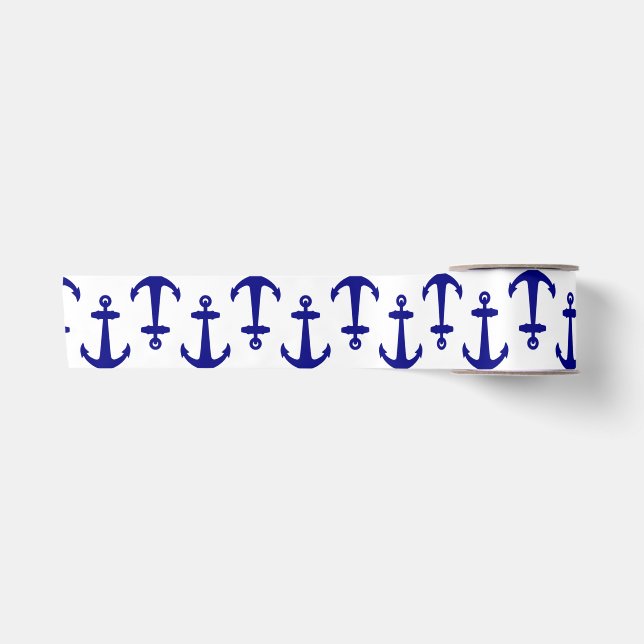 Coastal Nautical White Blue Anchor Pattern Satin Ribbon (Front)