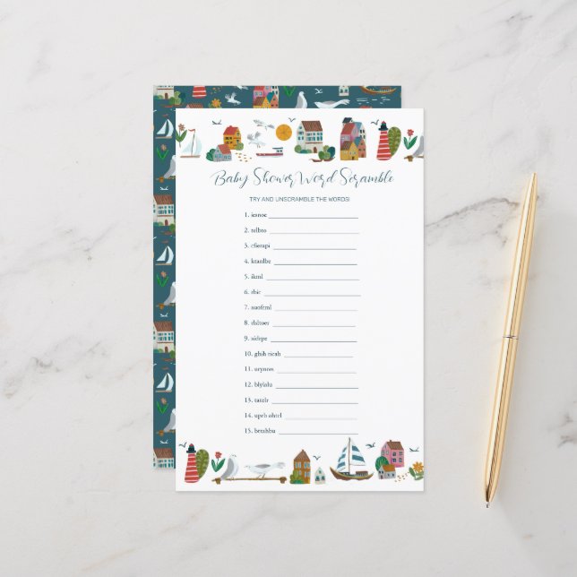 Coastal Nautical Word Scramble Baby Shower Game (Front/Back In Situ)