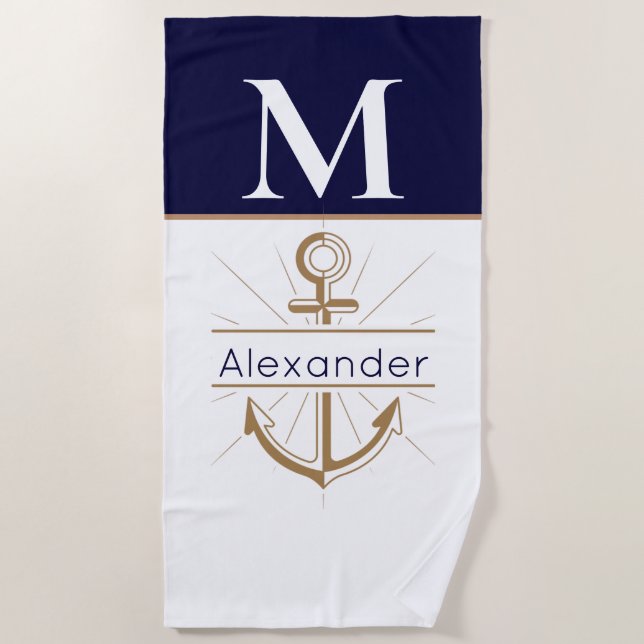 Coastal Navy Blue Anchor Nautical Monogram Name Beach Towel (Front)