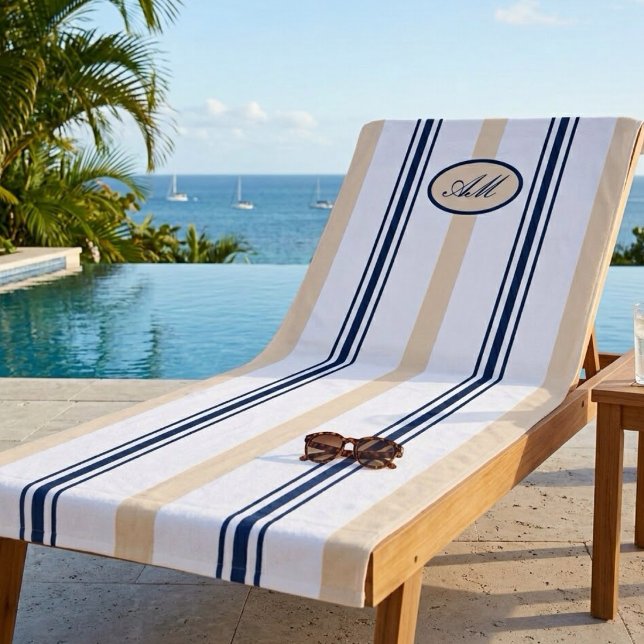 Coastal Navy Blue and Sandy Tan Stripes Monogram Beach Towel (Creator Uploaded)