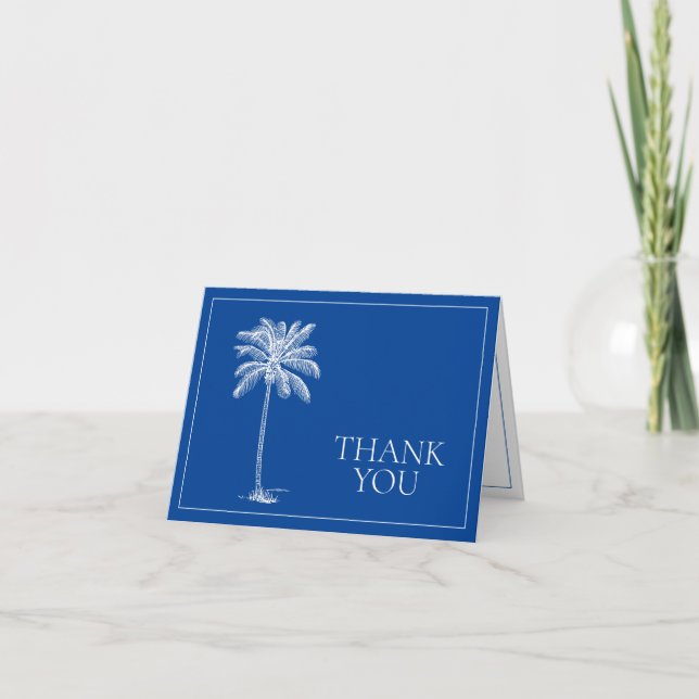Coastal Navy Blue and White Palm Tree  Thank You Card (Front)