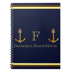 Coastal Navy Blue Nautical Gold Anchor Beach House Notebook