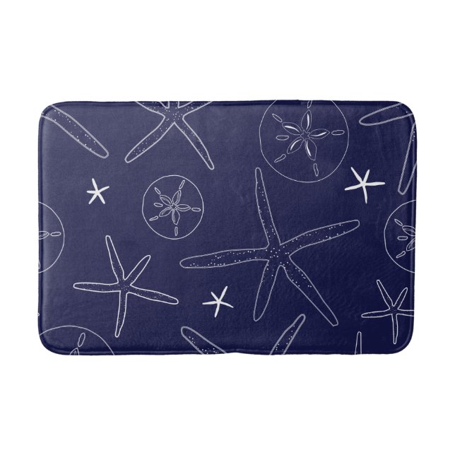 Coastal Navy Blue Starfish, Sand Dollar Bath Mat (Front)