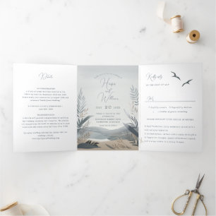coastal new england beach Tri-Fold Wedding Invitation