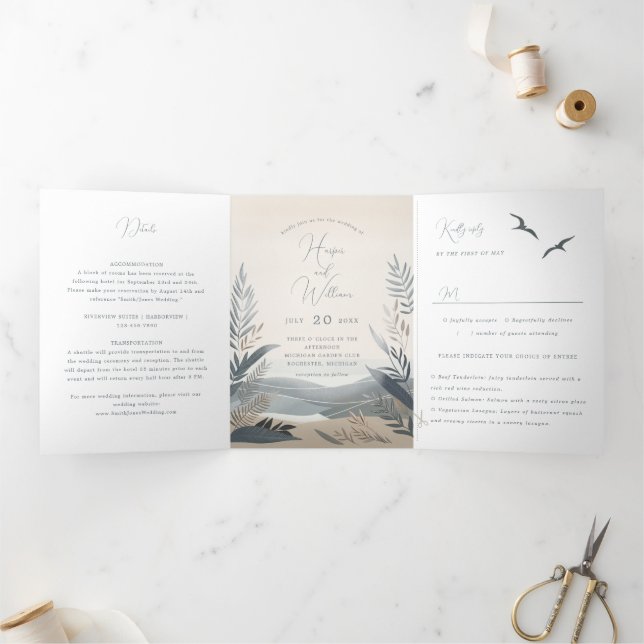 coastal new england beach Tri-Fold Wedding Invitation (Inside)