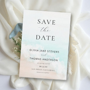 Coastal Ocean Beach Blue Wave Sand Elegant Wedding Save The Date