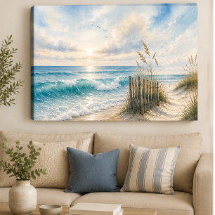 Coastal Ocean Canvas Print Watercolor Beach Wave