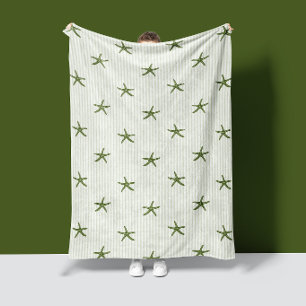 Coastal Ocean Tides Starfish Stripe Deep Olive Fleece Blanket