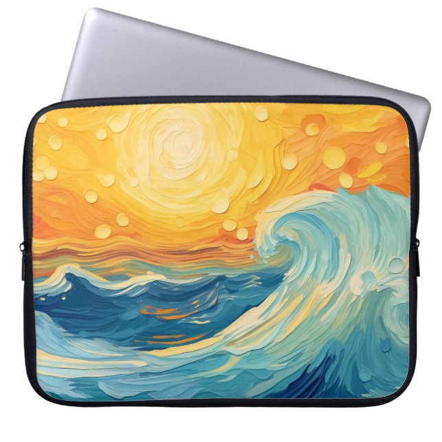 Coastal Oil Painting Sun and Waves Laptop Sleeve (Front)