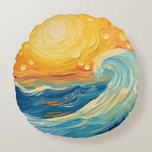 Coastal Oil Painting Sun and Waves Round Cushion