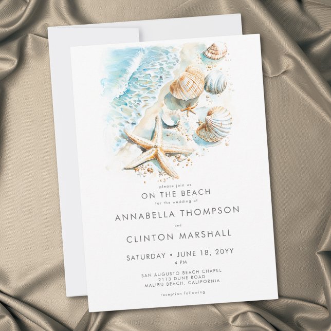 Coastal On Beach Modern Shells Watercolor Wedding Invitation (Coastal On Beach Modern Shells Watercolor Wedding Invitation)