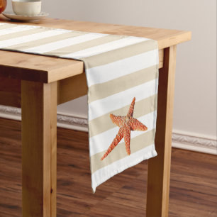 Coastal Orange Starfish & Sandy Stripes Medium Table Runner