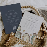 Coastal Oyster All in One QR Code Wedding Invitation<br><div class="desc">This coastal chic wedding invitation features a grouping of soft cream and aqua watercolor oyster and pearl illustrations, with your wedding details atop in classic navy blue lettering. Add all your additional details, including a customisable QR code, to the back, for an all-in-one invitation that eliminates the need for enclosure...</div>
