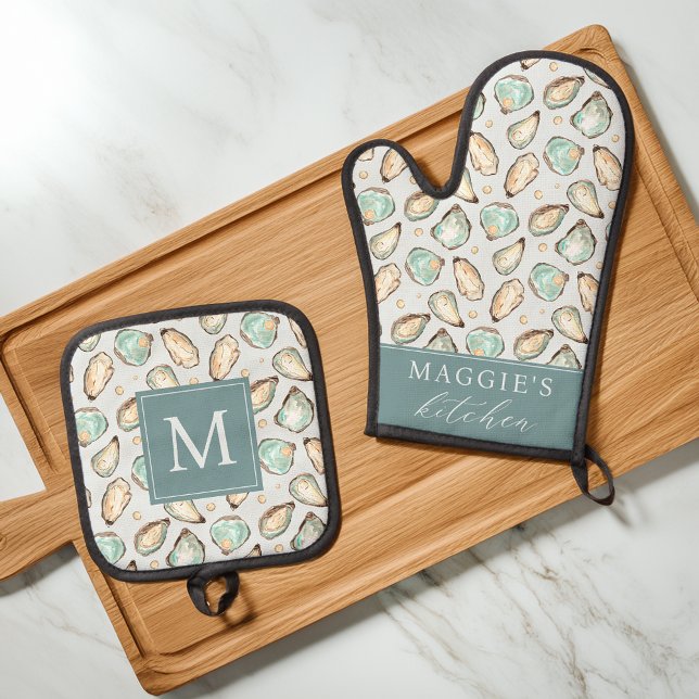 Coastal Oyster Shell Monogram Oven Mitt & Pot Holder Set (Creator Uploaded)