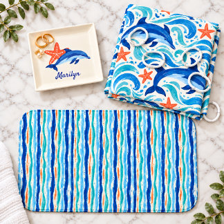 Coastal Painted Waves Striped Bath Mat