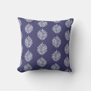 Coastal Palm Leaf Pattern Navy Blue Cushion
