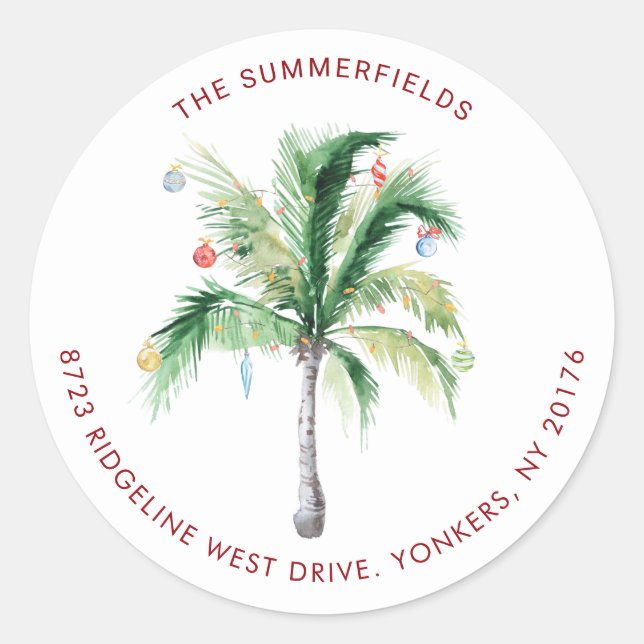 Coastal Palm Tree Christmas Return Address Classic Round Sticker (Front)