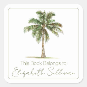 Coastal Palm Tree Personalised Bookplate Square Sticker