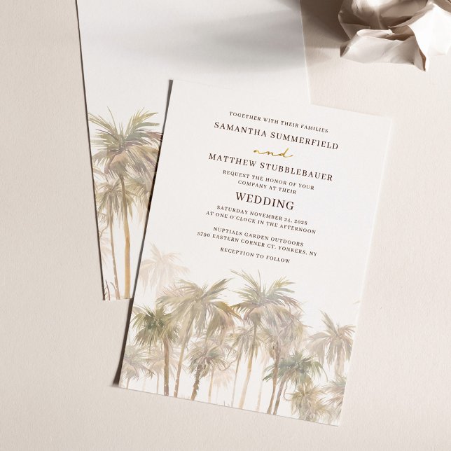 Coastal Palm Trees Beach Wedding Invitation (Coastal Palm Trees Watercolor Modern Wedding Invitation)