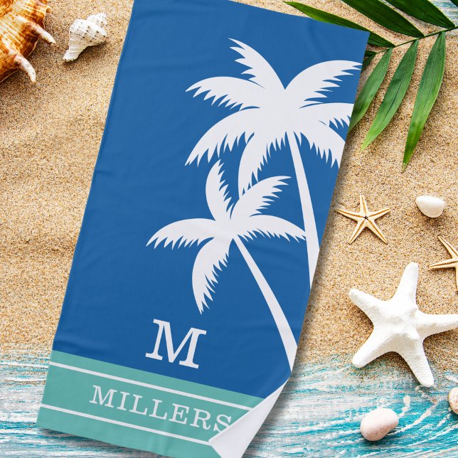 Coastal Palm Trees Monogram Family Name Blue Green Beach Towel (Creator Uploaded)