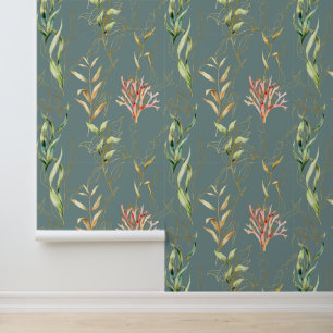 Coastal Pattern, Colourful, MInimal Seaweed Teal Wallpaper