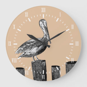 Coastal Pelican Taupe with White Roman Numerals Large Clock