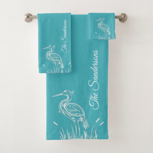 Coastal Personalise White Heron Aqua Teal Blue Bath Towel Set