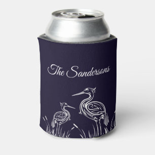 Coastal Personalised White Herons Birds Navy Blue Can Cooler
