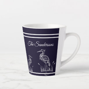 Coastal Personalised White Herons Birds Navy Blue Latte Mug