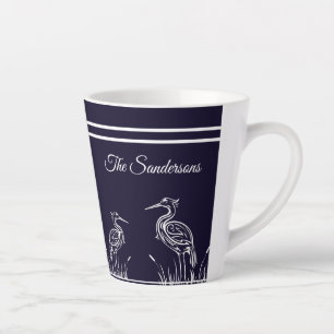 Coastal Personalised White Herons Birds Navy Blue  Latte Mug
