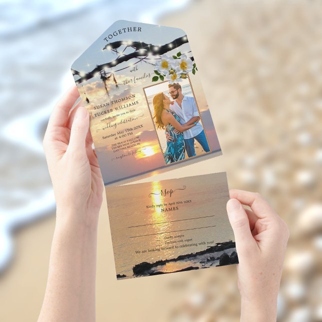 Coastal Photo All in One Wedding Invitation (All in one beach wedding invitation featuring your own photo framed by a coastal sunset)