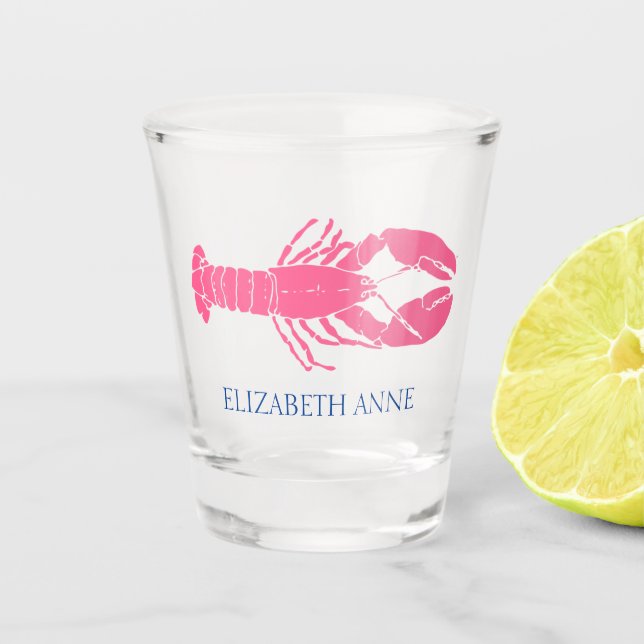 Coastal Pink and Navy Blue Lobster Personalised Shot Glass (Front)