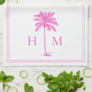 Coastal Pink and White Palmetto Palm Monogram Tea Towel