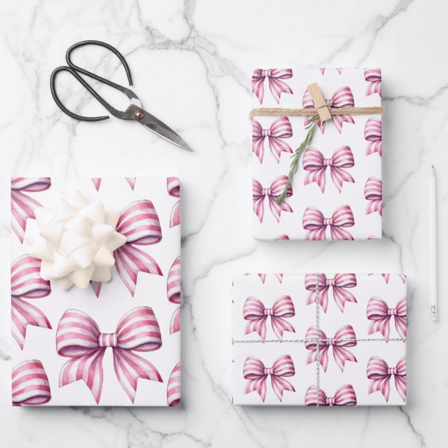 Coastal Pink and White Watercolor Bows Wrapping Paper Sheet (Front)