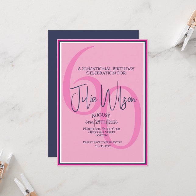 Coastal Pink Navy 60th Birthday Invitation (Front/Back In Situ)
