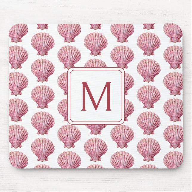 Coastal Pink Seashell on White Monogram Mouse Pad (Front)