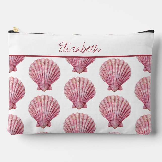 Coastal Pink Seashell on White Personalised Accessory Pouch (Front)