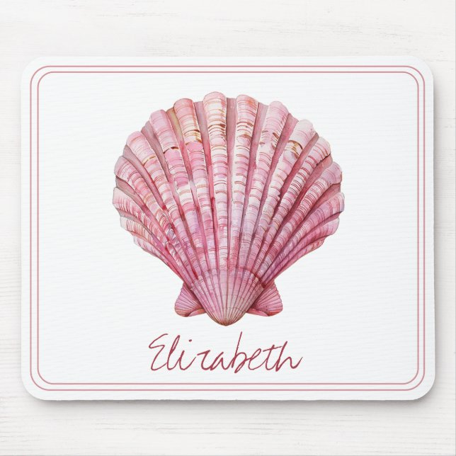 Coastal Pink Seashell on White Personalised Mouse Pad (Front)