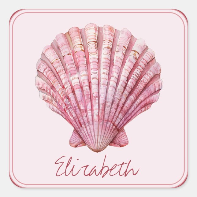 Coastal Pink Seashell Personalised Square Sticker (Front)