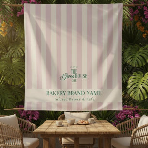 Coastal Pink Stripes Bakery Logo Table Runner Tapestry